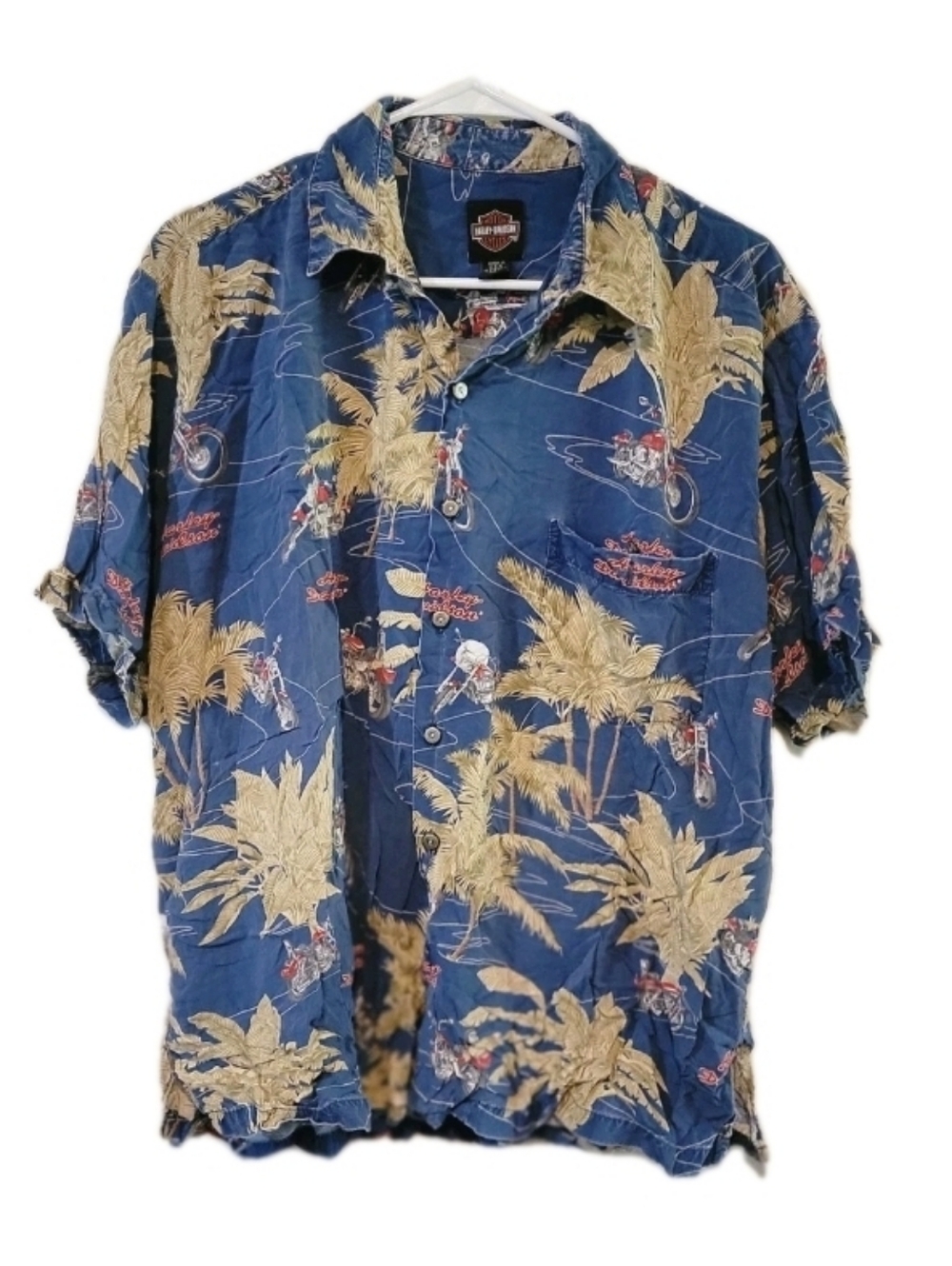 Harley Davidson Men's Button Up Blue Motorcycle Aloha Hawaiian Shirt Floral XL